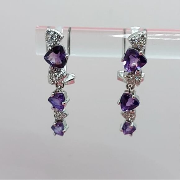 Natural Amethyst 6mm &‎ CZ 14K White Gold Plate on 925 Sterling Silver Earrings - Picture 5 of 6